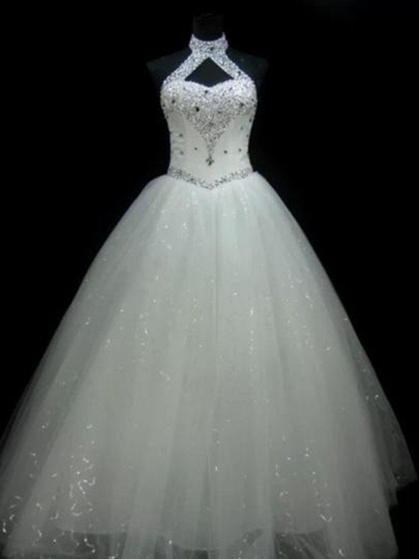 This beautiful Sequin Ball Gown Sleeveless Beading Tulle Halter Wedding Dresses at ballbella.com will make your guests say wow. Shop today to get the discount. 