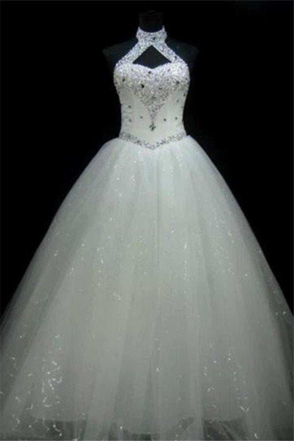 Sequin Ball Gown Sleeveless Floor Length Beading Tulle Halter Wedding Dresses-Ballbella