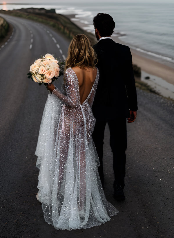 sequin boho wedding dress Sequin V-Neck Long Sleeves Boho Garden Wedding Dress Sweep Train