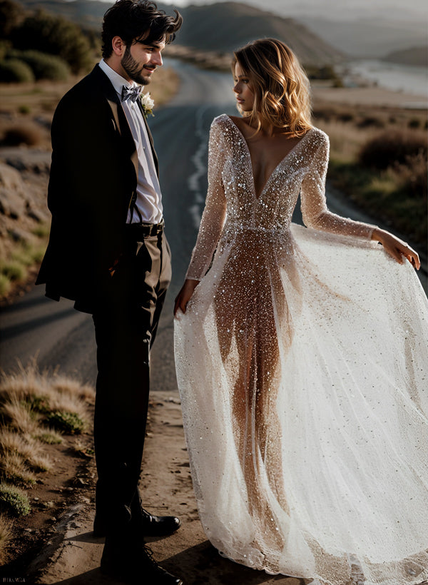 Sequin V-Neck Long Sleeves Boho Garden Wedding Dress Sweep Train-Ballbella