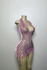 Sequined Mermaid Halter Jersey Beading Sleeveless Mini Rhinestone Party Dress With Feather-Ballbella