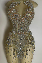 Sequined Mermaid Jewel Jersey Beading Sleeveless Mini Rhinestone Party Dress-Ballbella