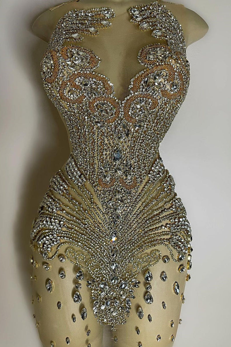 Sequined Mermaid Jewel Jersey Beading Sleeveless Mini Rhinestone Party Dress-Ballbella