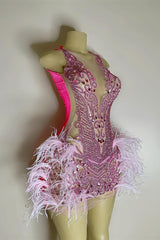 Sequined Mermaid Jewel Jersey Beading Sleeveless Mini Rhinestone Party Dress With Feather-Ballbella