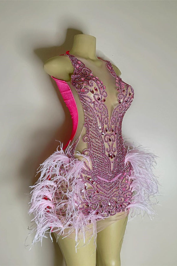 Sequined Mermaid Jewel Jersey Beading Sleeveless Mini Rhinestone Party Dress With Feather-Ballbella