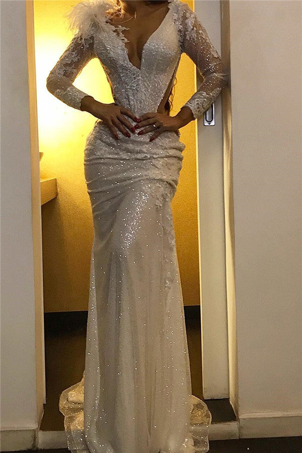 Sequined Mermaid V-neck Evening Dresses Chic Sparkling Fur Formal Gowns-Ballbella