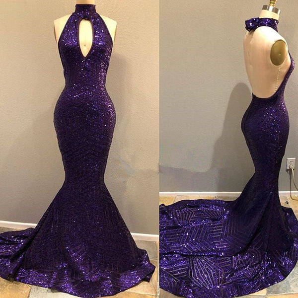 Find the Sequins Halter Grape Prom Party Gowns| Backless Long Evening Gowns with lowest price and top quality at Ballbella,  free shipping & free customizing,  check out today.