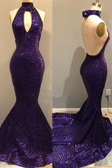 Find the Sequins Halter Grape Prom Party Gowns| Backless Long Evening Gowns with lowest price and top quality at Ballbella,  free shipping & free customizing,  check out today.