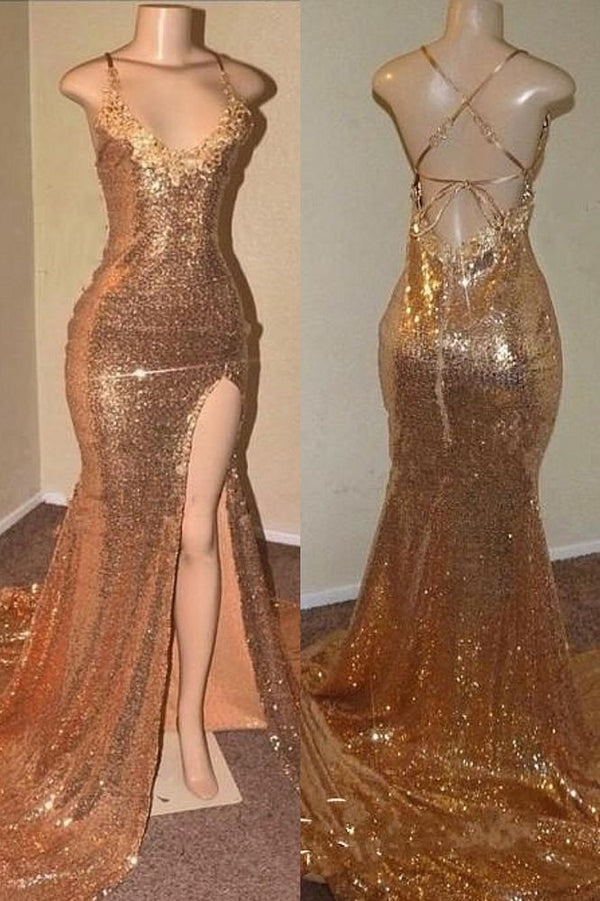 Sequins Sleeveless Front Slit Floor Length Mermaid Dresses-Ballbella