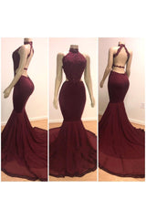 Sexy Backless Halter Mermaid Prom Dress Burgundy Long Chiffon Backless-Ballbella