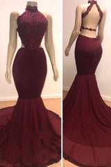 Sexy Backless Halter Mermaid Prom Dress Burgundy Long Chiffon Backless-Ballbella