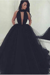Sexy Ball Gown Black Prom Dress Long Tulle Deep V-neck-Ballbella