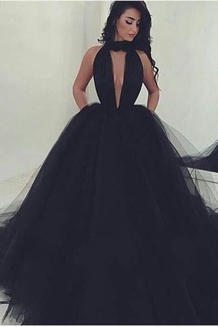 Sexy Ball Gown Black Prom Dress Long Tulle Deep V-neck-Ballbella