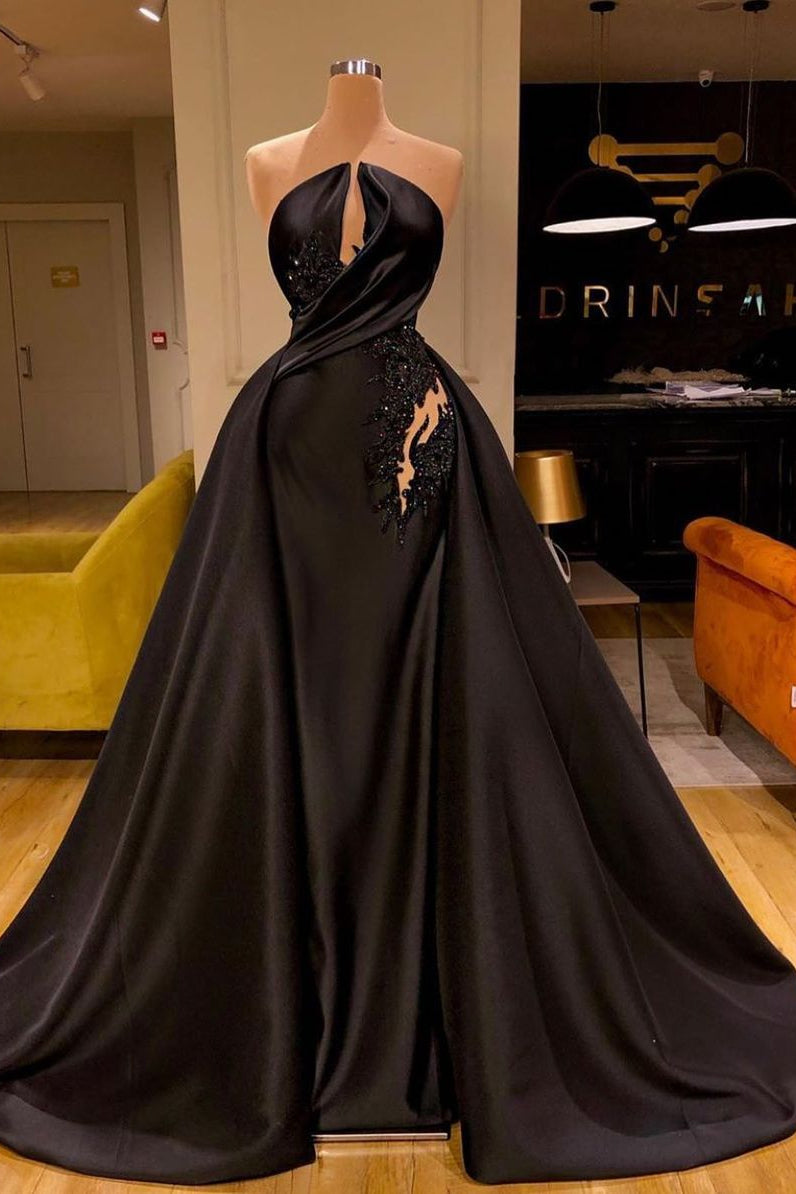 Sexy Ball Gown Strapless Black Prom Dress Long Beaded-Ballbella