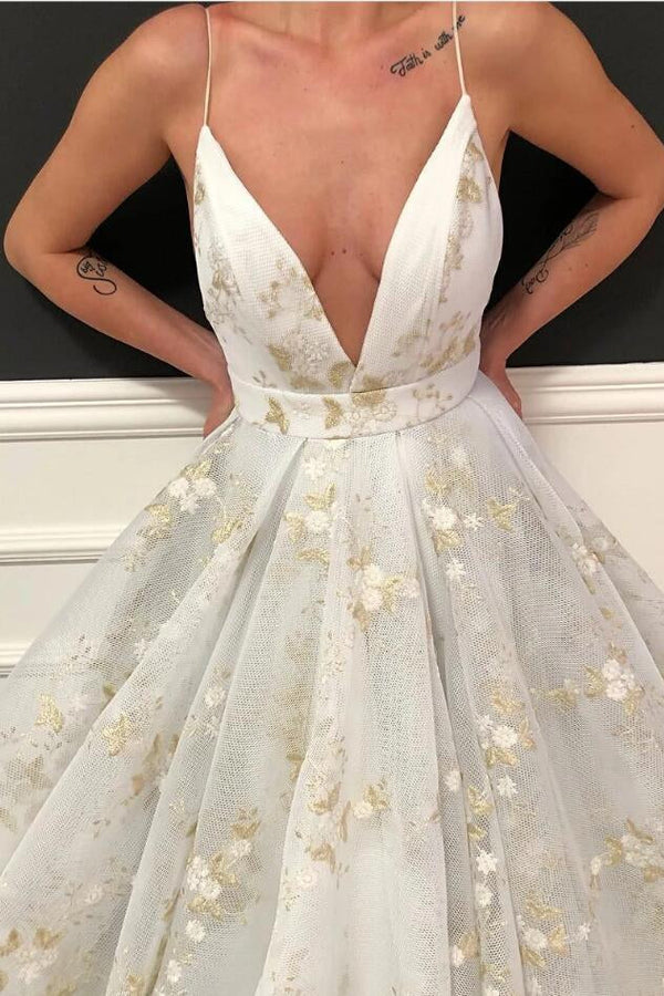 Sexy Ball Gown White Prom Dress Spaghetti Straps Long V-neck Sexy Ball Gown White Prom Dress Spaghetti Straps Long V-neck