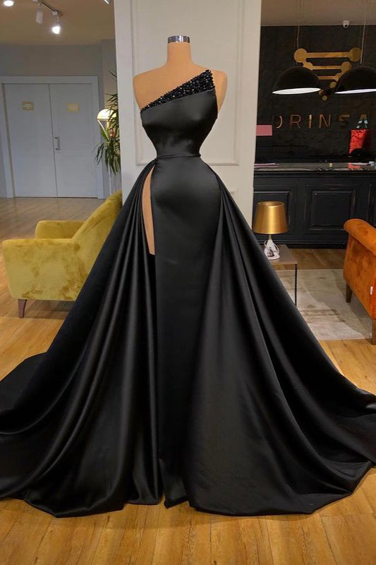 Sexy Black Beadings Prom Dress Long With Split On Sale-Ballbella