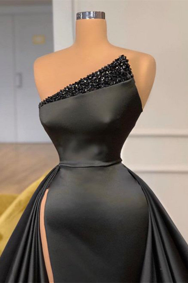 Sexy Black Beadings Prom Dress Long With Split On Sale-Ballbella