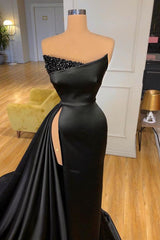 Sexy Black Long Prom Dress With Split Beadings Evening Gowns-Ballbella