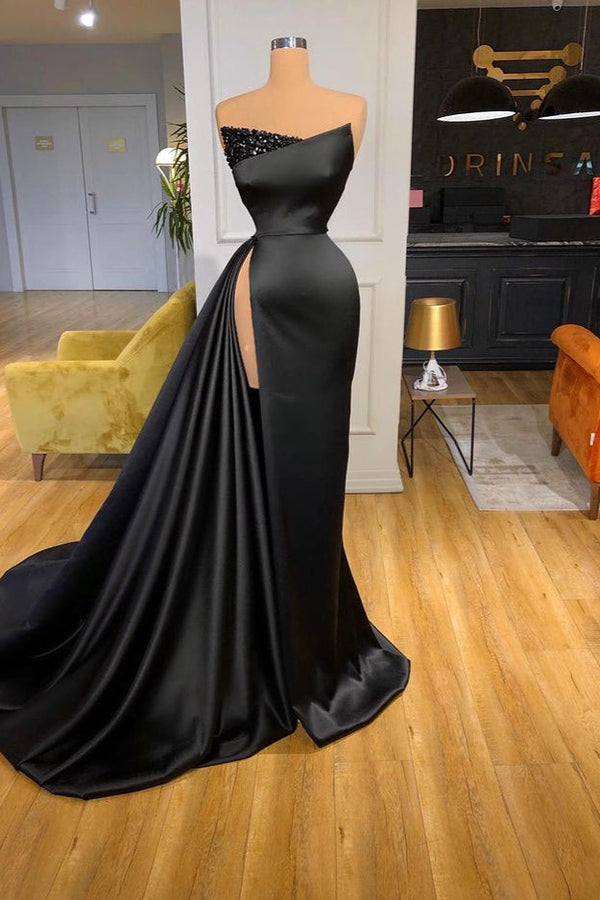 Sexy Black Long Prom Dress With Split Beadings Evening Gowns-Ballbella
