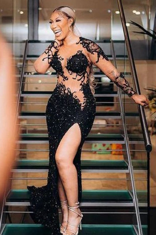 Sexy Black Long Sleeves Appliques Sequins Side Slit Prom Dress-Ballbella