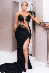 Sexy Black Long Sleeves Appliques Sequins Side Slit Prom Dress-Ballbella
