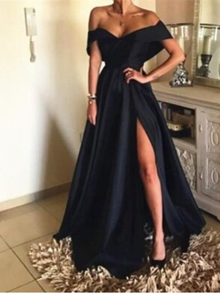 Sexy Black Off-the-Shoulder Long Evening Dress With Split Online-Ballbella