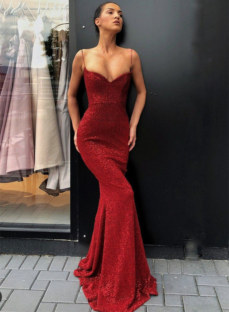 Sexy Black Spaghetti Straps Mermaid Prom Dress Sequins Chiffon Long –  Ballbella