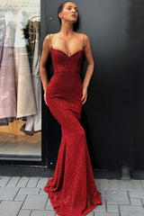 Sexy Black Spaghetti Straps Mermaid Prom Dress Sequins Chiffon Long-Ballbella