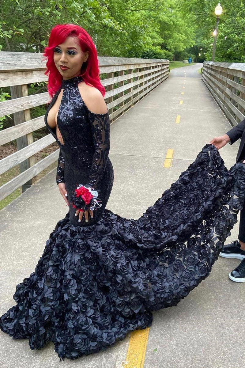 Sexy Black Sparkle Keyhole Mermaid Flowers Cold shoulder Prom Dresses Sexy Black Sparkle Keyhole Mermaid Flowers Cold shoulder Prom Dresses