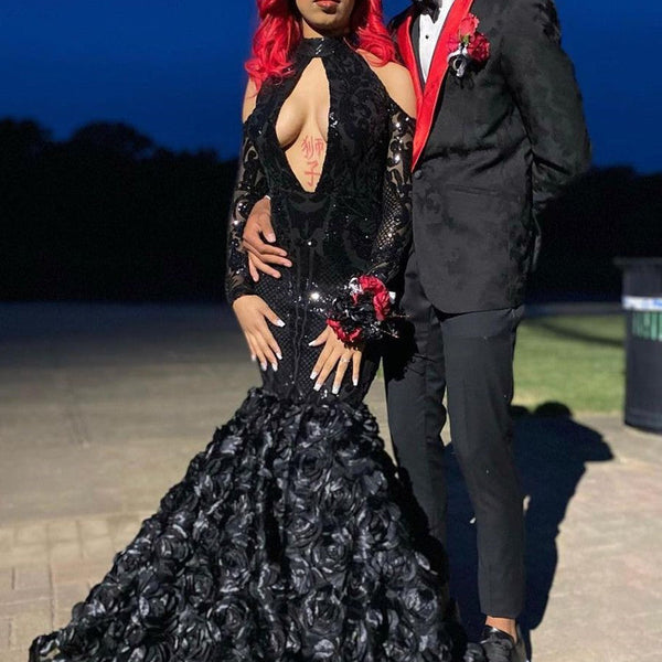 Sexy Black Sparkle Keyhole Mermaid Flowers Cold shoulder Prom Dresses