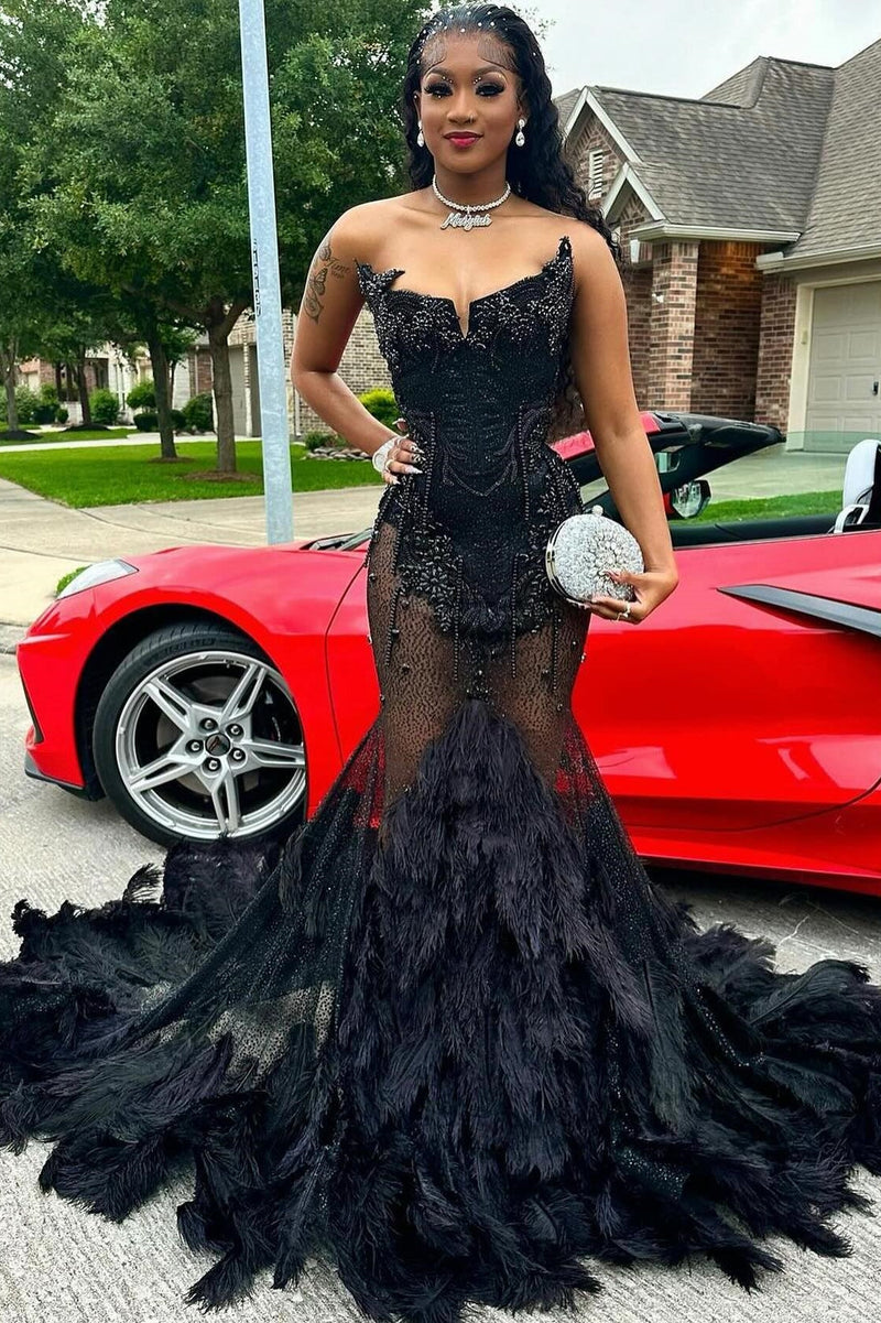 Sexy Black Sweetheart Mermaid Crystal Prom Dress with Feathers-Ballbella