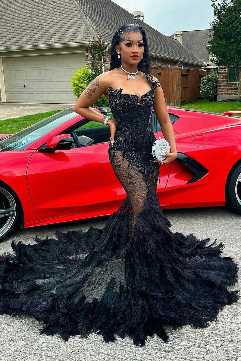 Sexy Black Sweetheart Mermaid Crystal Prom Dress with Feathers-Ballbella