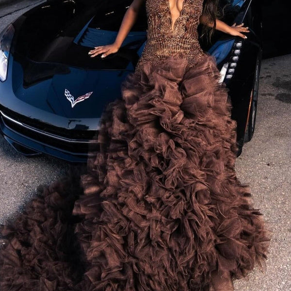 Sexy Brown Mermaid Tulle Ruffles Mermaid Court Train Prom Dresses Sexy Brown Mermaid Tulle Ruffles Mermaid Court Train Prom Dresses