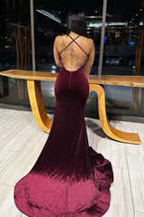 Sexy Burgundy V-Neck Open Back Appliques Velvet Prom Dress-Ballbella