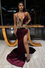 Sexy Burgundy V-Neck Open Back Appliques Velvet Prom Dress-Ballbella