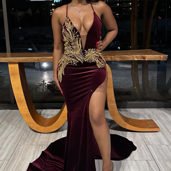Sexy Burgundy V-Neck Open Back Appliques Velvet Prom Dress Sexy Burgundy V-Neck Open Back Appliques Velvet Prom Dress