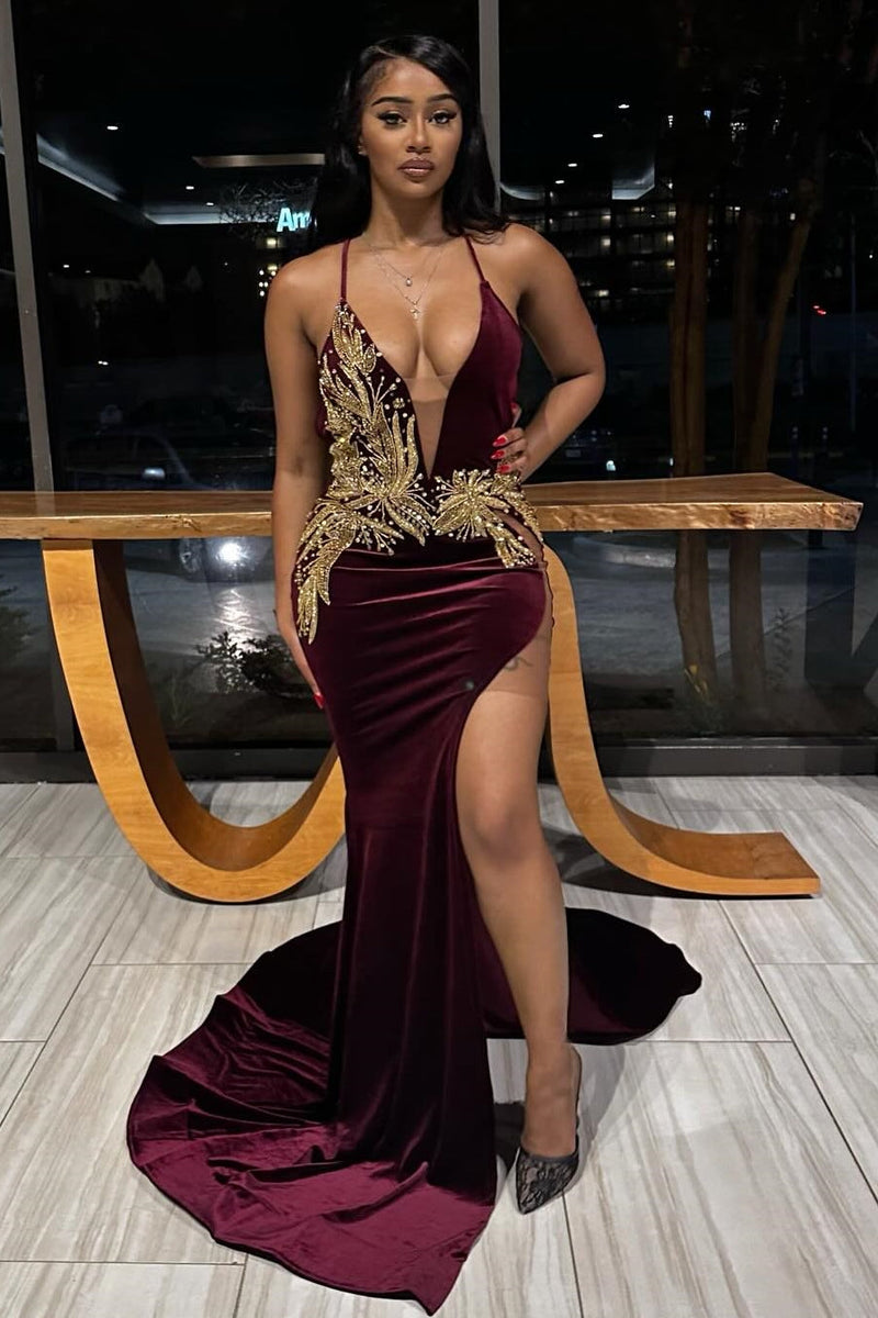 Sexy Burgundy V-Neck Open Back Appliques Velvet Prom Dress-Ballbella
