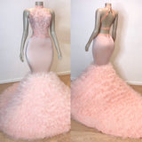 Sexy Chiffon High Collar Mermaid Prom Dress Sequins Pink Long-Ballbella