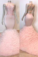 Sexy Chiffon High Collar Mermaid Prom Dress Sequins Pink Long-Ballbella