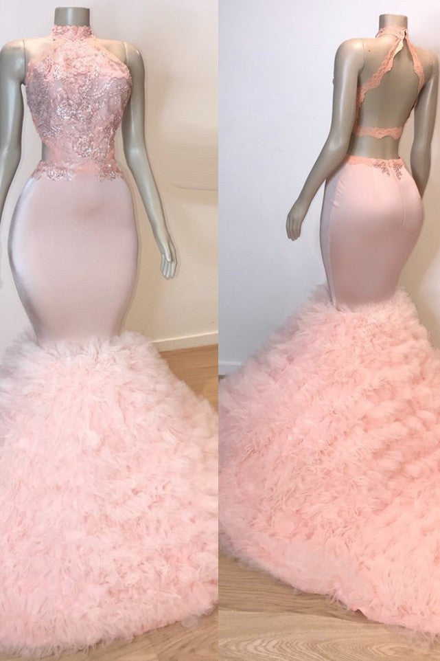 Sexy Chiffon High Collar Mermaid Prom Dress Sequins Pink Long-Ballbella