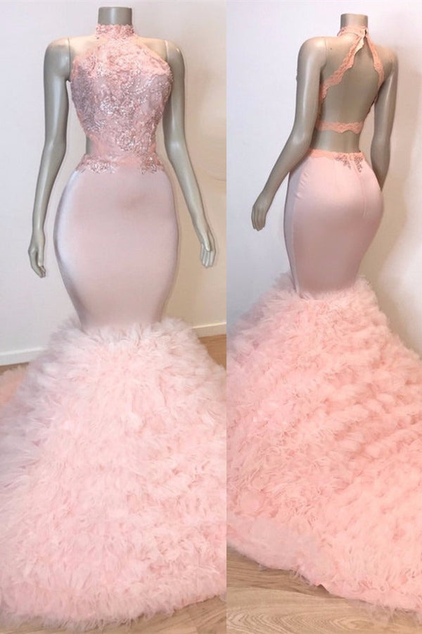 Sexy Chiffon High Collar Mermaid Prom Dress Sequins Pink Long-Ballbella