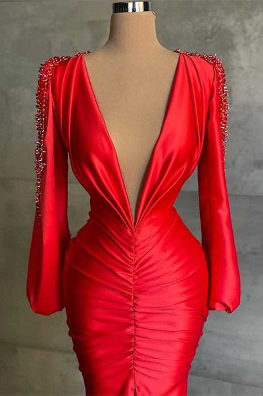 Sexy Deep V-Neck Red Long Sleeves Prom Dress Mermaid-Ballbella