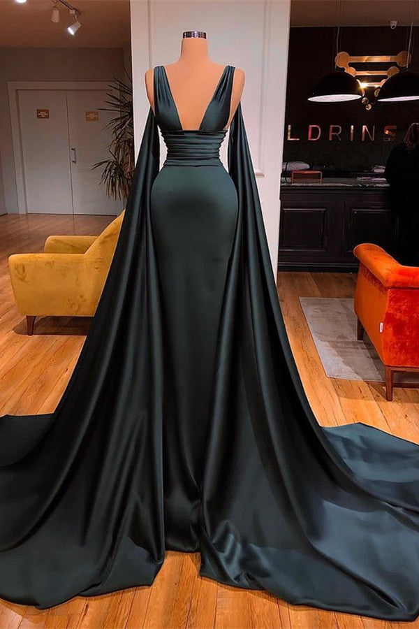 Sexy Deep V-Neck Sleeveless Long Evening Gowns Mermaid Prom Dress With Ruffles-Ballbella