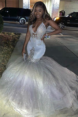 Sexy Deep V-neck Tulle Mermaid Prom Dress Sequins Long With Spaghetti Straps-Ballbella