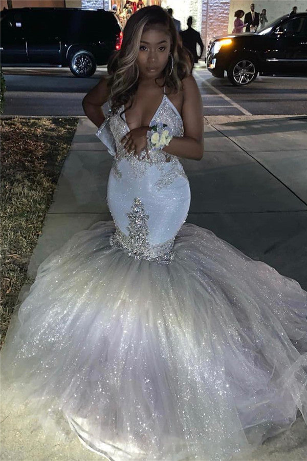 Sexy Deep V-neck Tulle Mermaid Prom Dress Sequins Long With Spaghetti Straps-Ballbella
