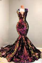 Sexy Deep V-neck Tulle Mermaid Prom Dress Sequins Long With Wide Straps-Ballbella