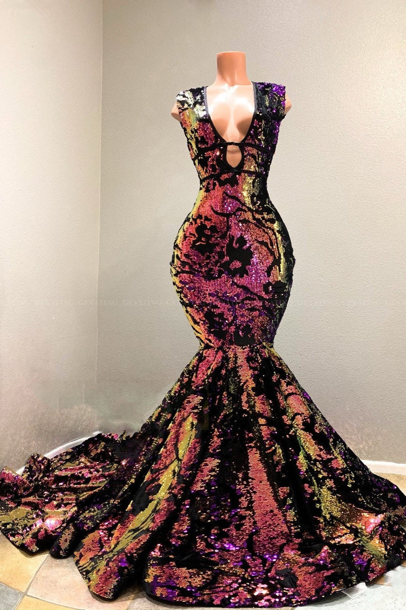 Sexy Deep V-neck Tulle Mermaid Prom Dress Sequins Long With Wide Straps-Ballbella