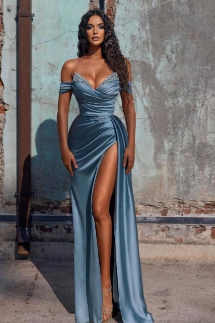 Sexy Dusty Blue Long Off-the-shoulder High Split Prom Dresses-Ballbella