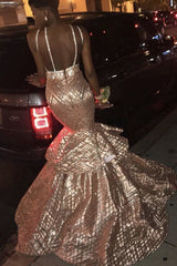 Sexy Gold Spaghetti Straps Mermaid Prom Dress Sequins Long-Ballbella