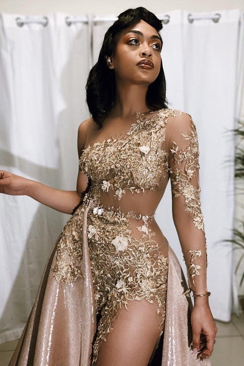 Sexy Gold Two-Piece Prom Dress Sequins Long Sleeve On One Side Sexy Gold Two-Piece Prom Dress Sequins Long Sleeve On One Side